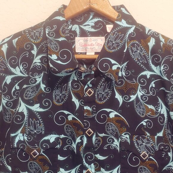 Panhandle Slim Western Shirt Blue Cowgirl Rodeo Snaps Pockets Paisley SZ Large - Picture 2 of 9